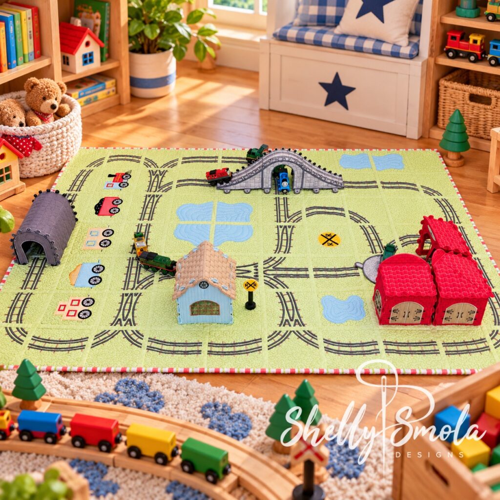Bedtime Rail Line Train Track Quilt by Shelly Smola Designs
