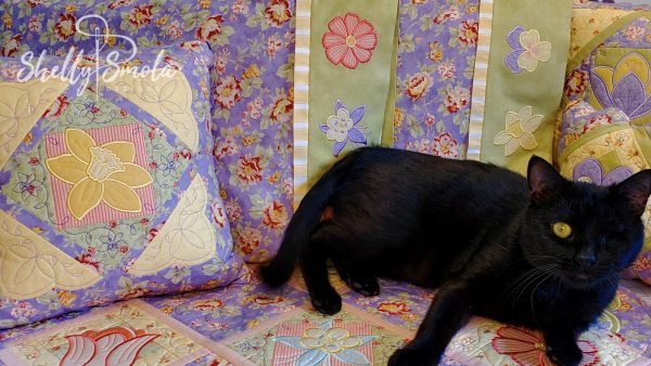 Spooky the Cat with the Flower Garden Quilt by Shelly Smola Designs